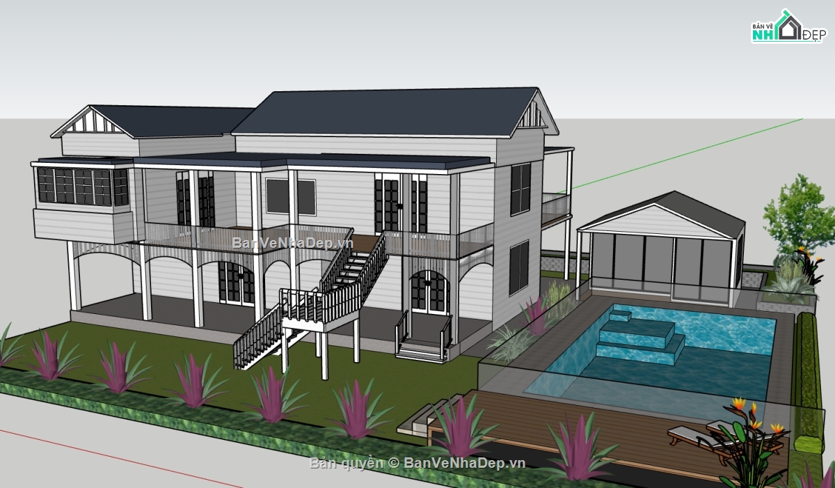 biệt thự 2 tầng,su biệt thự,sketchup biệt thự