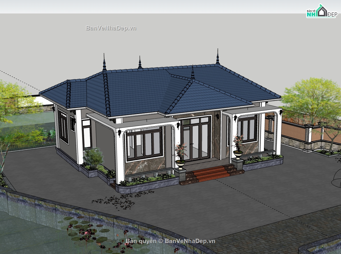 biệt thự đẹp,biệt thự 1 tầng,biệt thự sketchup,sketchup biệt thự 1 tầng,sketchup biệt thự