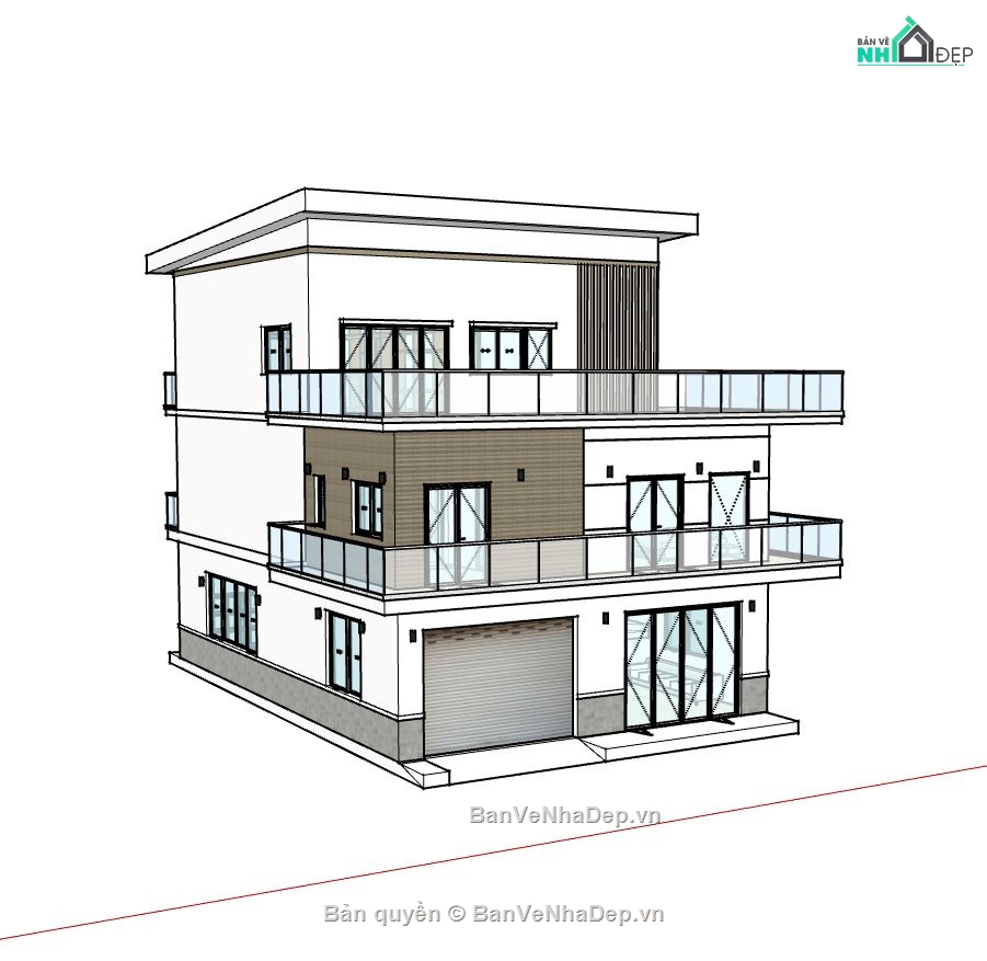 biệt thự sketchup,model su biệt thự 3 tầng,phối cảnh biệt thự 3 tầng,bản vẽ thiết kế biệt thự 3 tầng