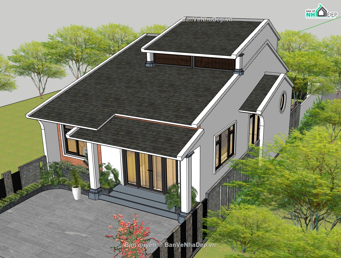 biệt thự 1 tầng,biệt thự sketchup,sketchup biệt thự