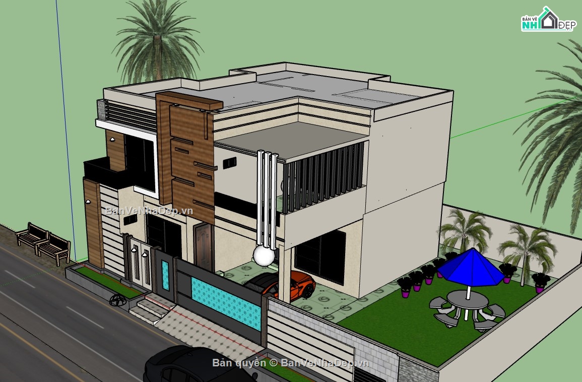 biệt thự 2 tầng,biệt thự sketchup,sketchup biệt thự