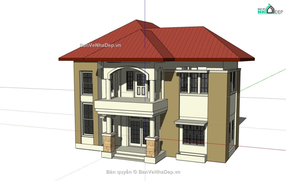 biệt thự 2 tầng,sketchup biệt thự,thiết kế biệt thự 2 tầng,model sketchup phối cảnh 2 tầng