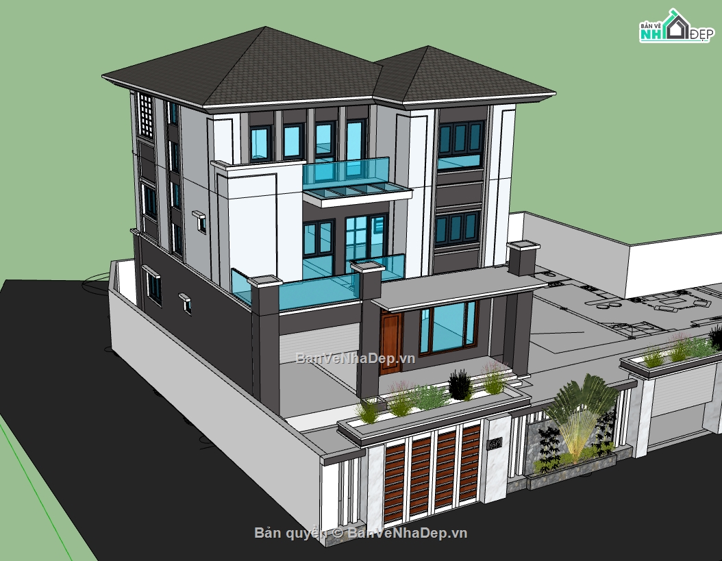nhà phố 3 tầng 12x13.2m,model su nhà phố 3 tầng,file 3d su nhà phố 3 tầng,nhà phố dựng file sketchup