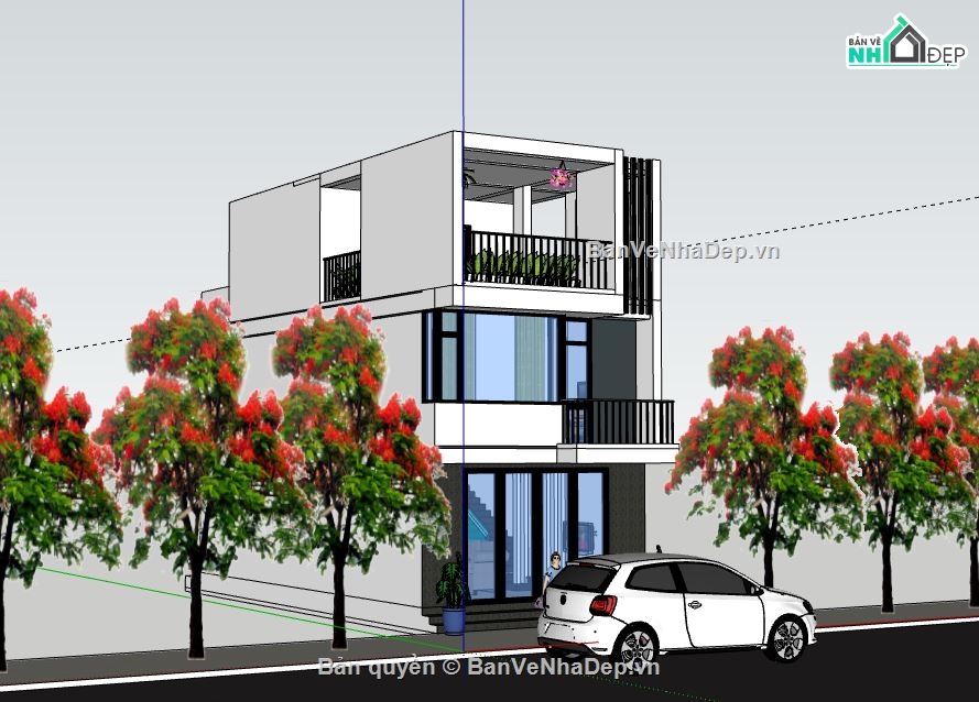Nhà phố 3 tầng,Model su nhà phố 3 tầng,sketchup nhà phố 3 tầng