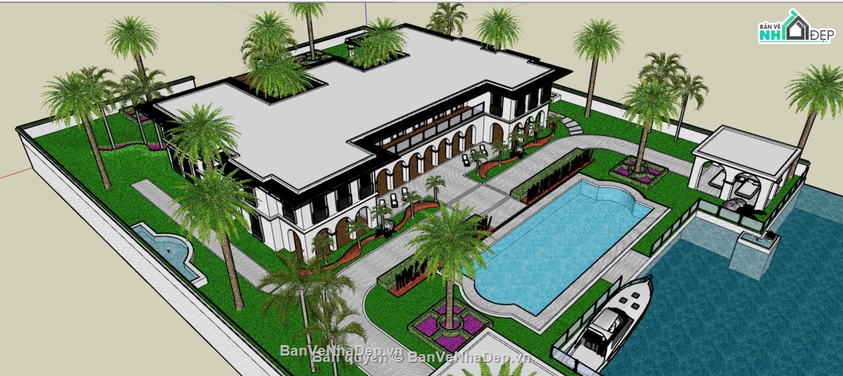sketchup mẫu khách sạn,file thiết kế khách sạn,file sketchup khách sạn,khách sạn có bể bơi