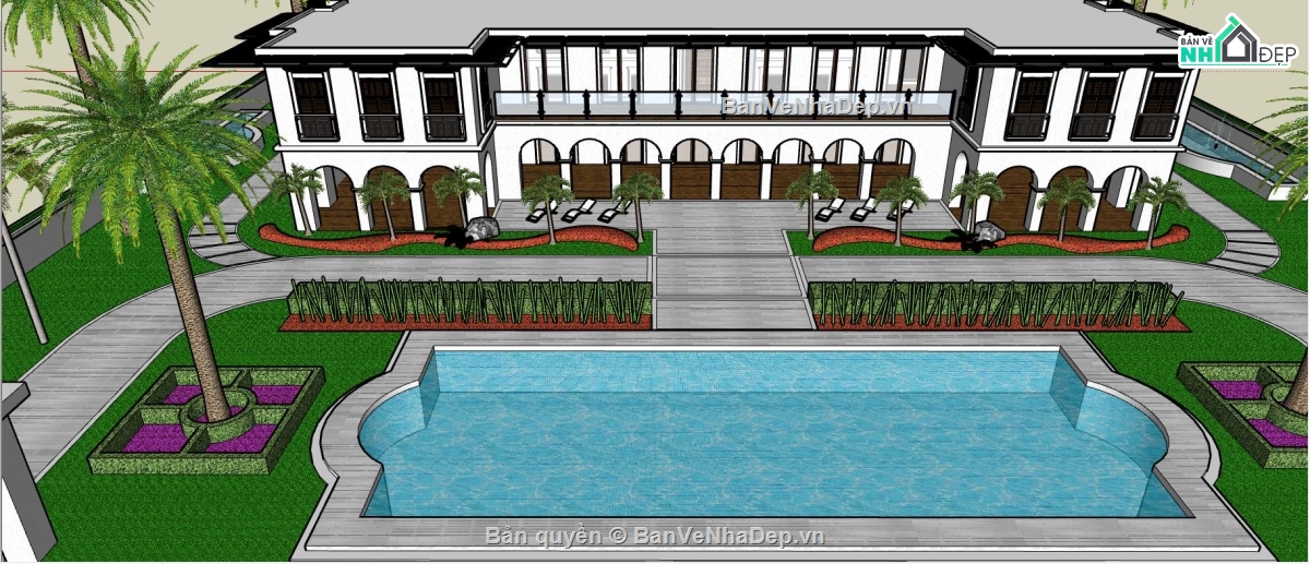 sketchup mẫu khách sạn,file thiết kế khách sạn,file sketchup khách sạn,khách sạn có bể bơi