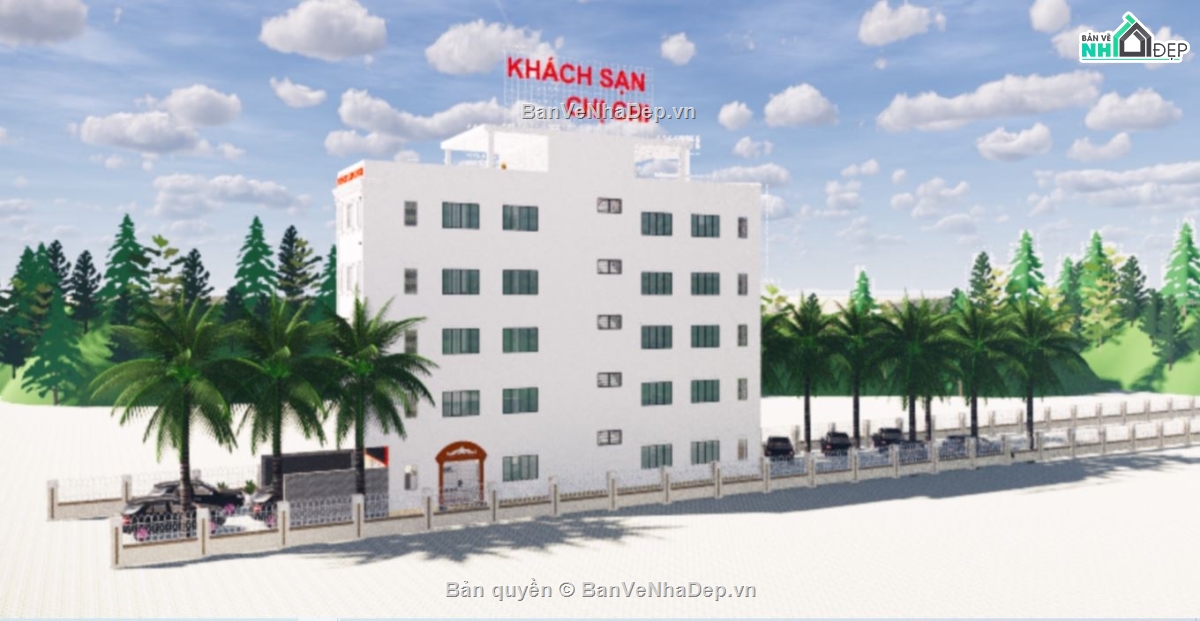 sketchup khách sạn,su khách sạn 4 tầng,khách sạn kích thước 7x24m