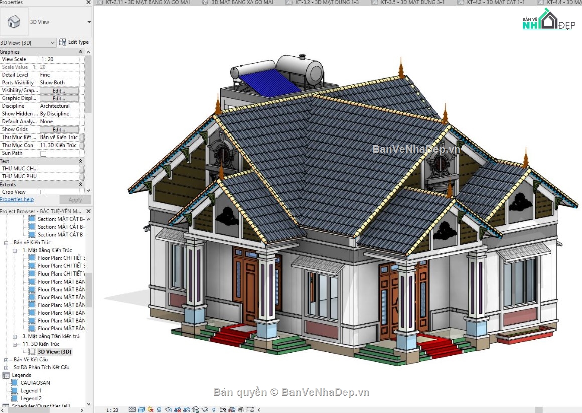revit mẫu nhà mái thái,revit mái thái,biệt thự 1 tầng mái thái,revit nhà vườn