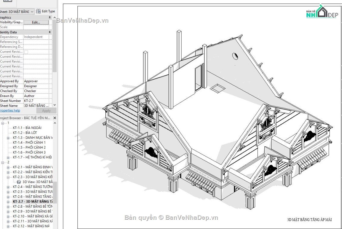 revit mẫu nhà mái thái,revit mái thái,biệt thự 1 tầng mái thái,revit nhà vườn