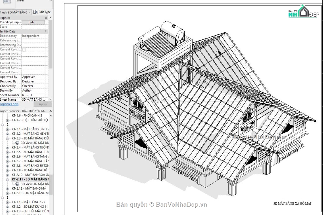 revit mẫu nhà mái thái,revit mái thái,biệt thự 1 tầng mái thái,revit nhà vườn