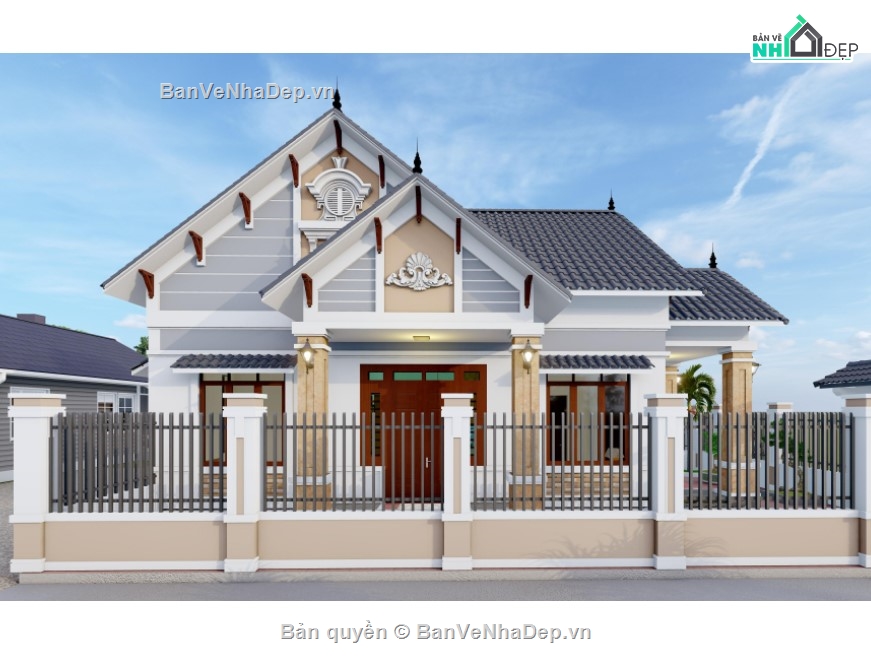 revit mẫu nhà mái thái,revit mái thái,biệt thự 1 tầng mái thái,revit nhà vườn