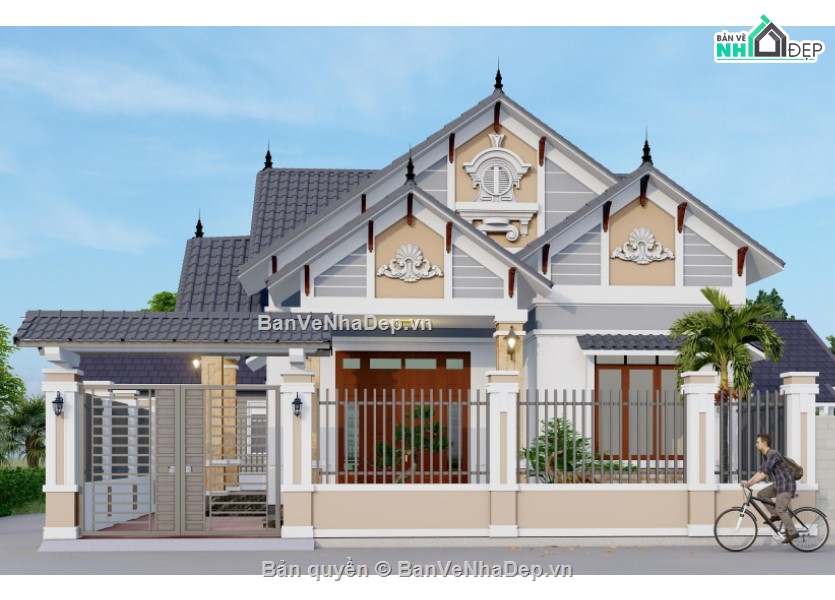 revit mẫu nhà mái thái,revit mái thái,biệt thự 1 tầng mái thái,revit nhà vườn