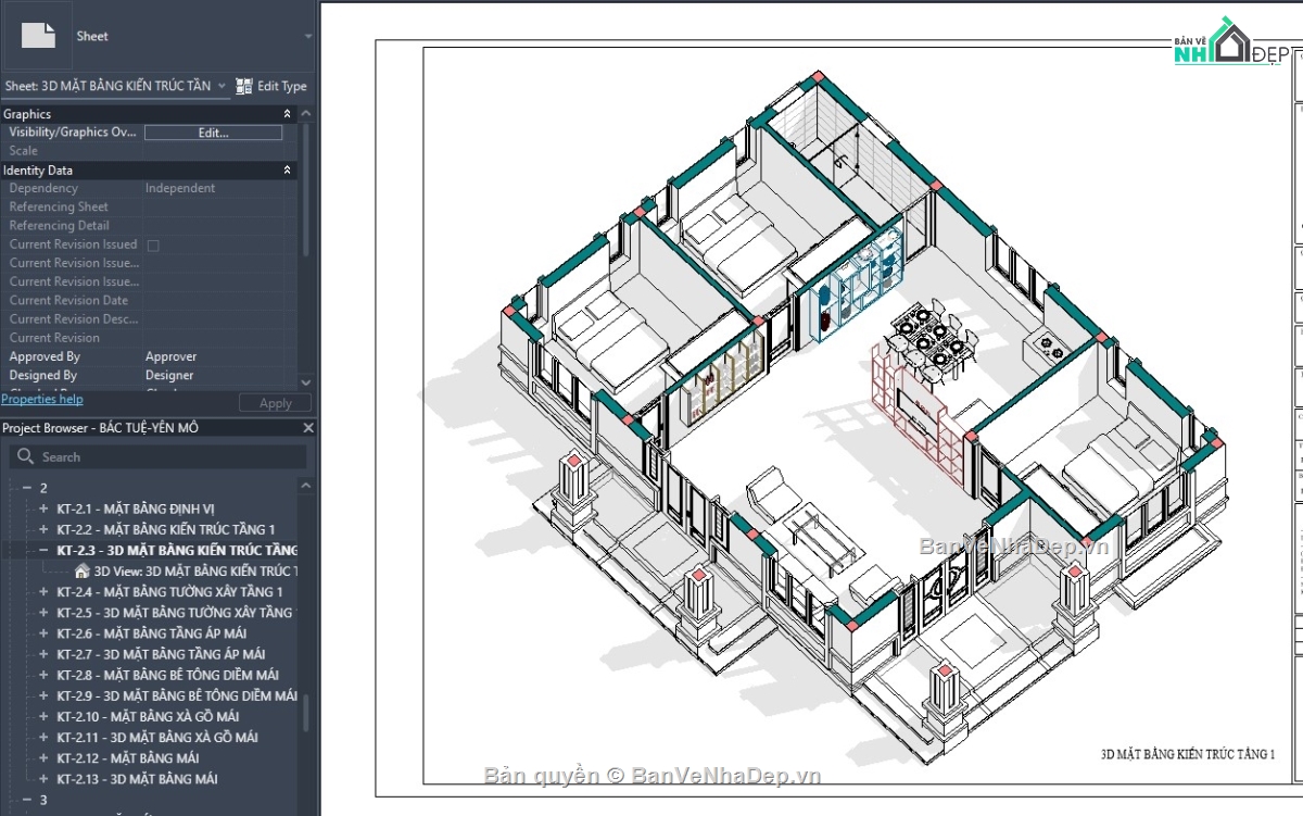 revit mẫu nhà mái thái,revit mái thái,biệt thự 1 tầng mái thái,revit nhà vườn