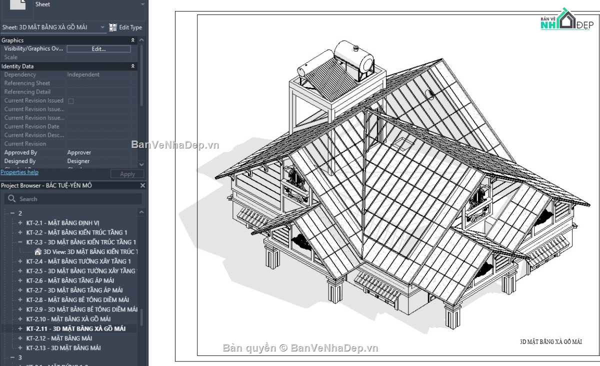 revit mẫu nhà mái thái,revit mái thái,biệt thự 1 tầng mái thái,revit nhà vườn