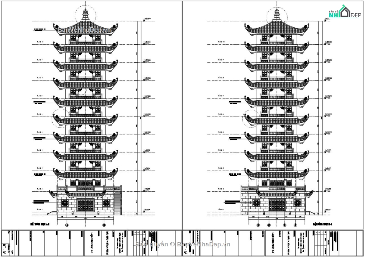 bản vẽ chùa,bảo tháp 10 tầng,tháp chùa 10 tầng,thiết kế tháp cam lộ,bản vẽ tháp cam lộ