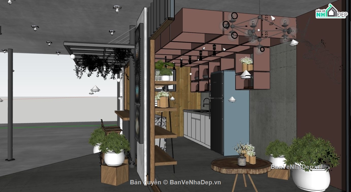 mẫu quán cafe container,file su quán cafe,quán cafe dựng trên sketchup,sketchup quán cafe container