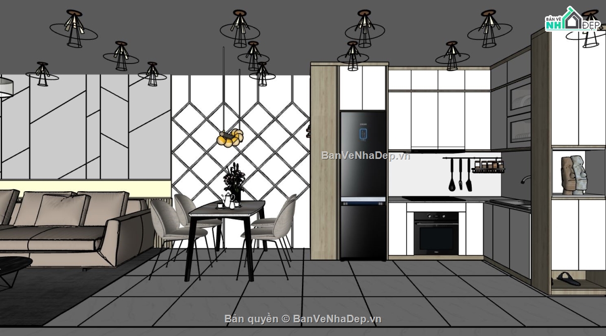 Nội thất phòng khách bếp,sketchup phòng khách,phòng bếp sketchup,Model sketchup phòng khách,Phòng bếp model su