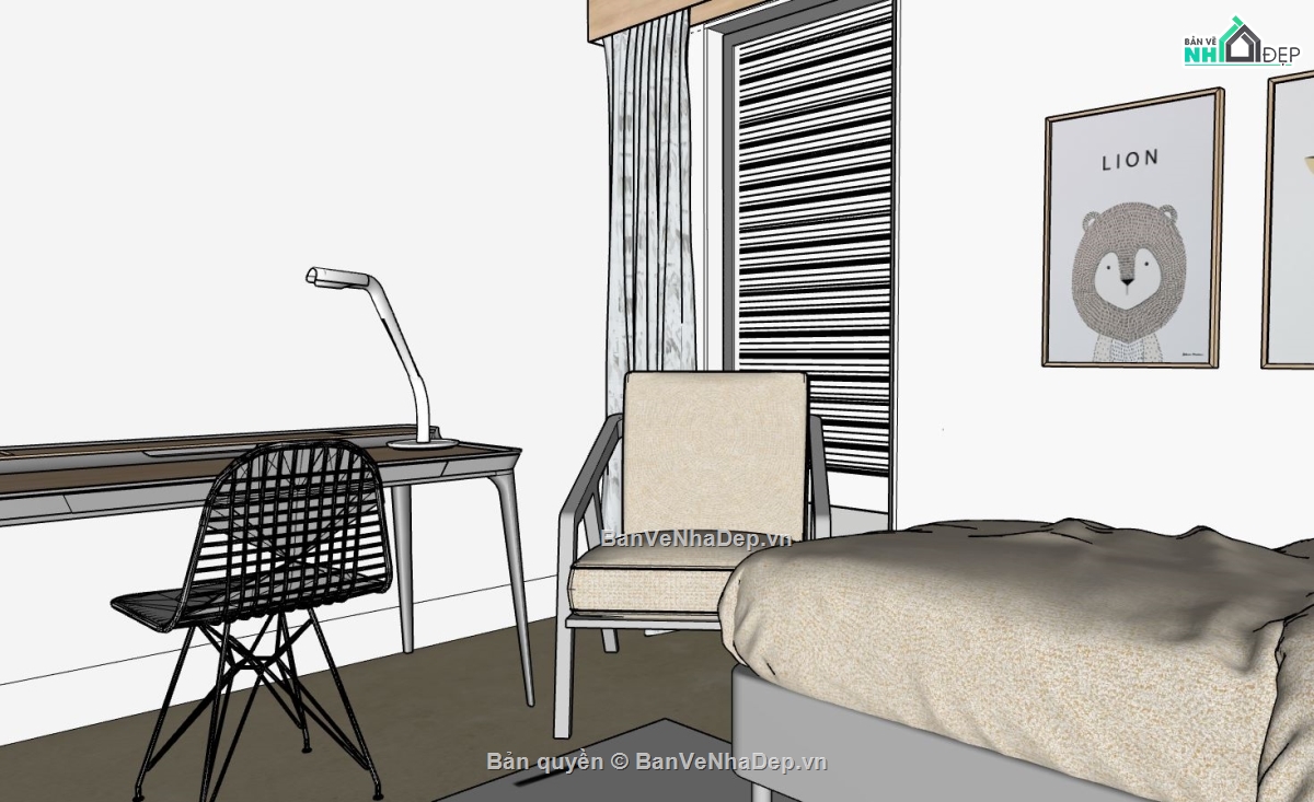 phòng ngủ sketchup,thiết kế phòng ngủ sketchup,mẫu phòng ngủ đơn giản,file su phòng ngủ đẹp