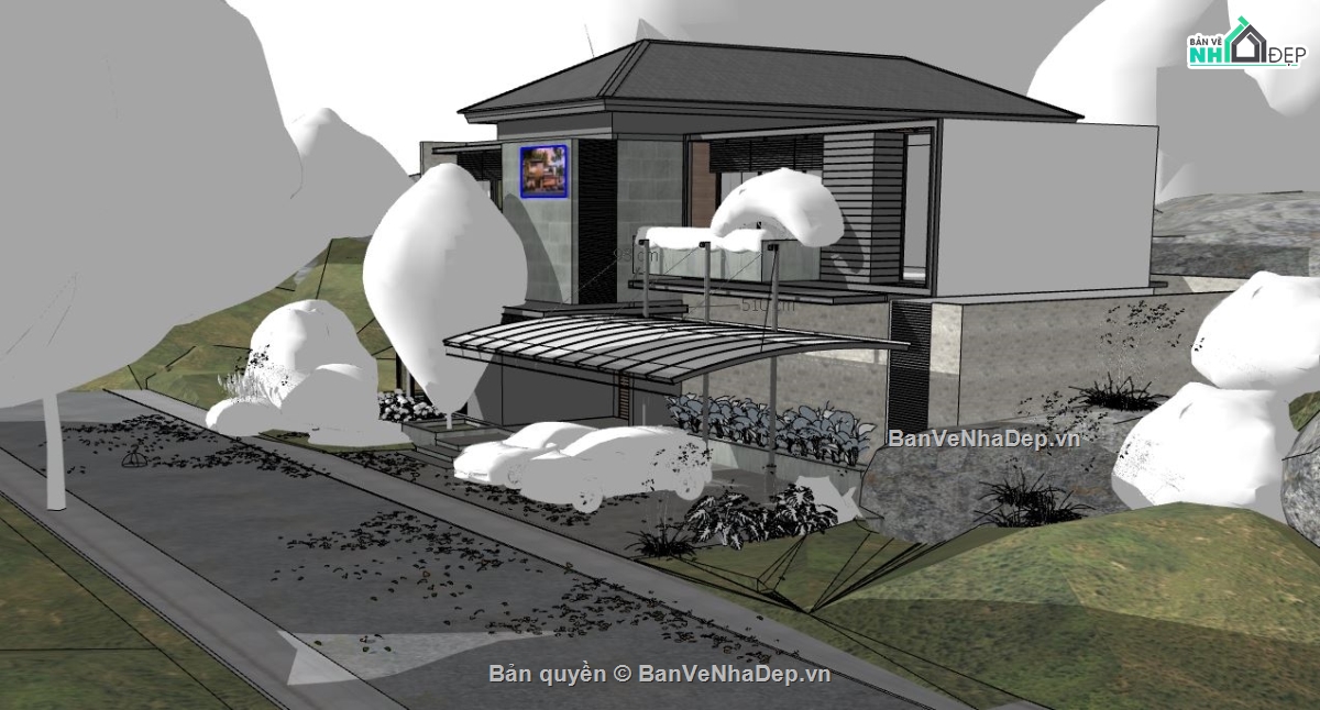 biệt thự hiện đại,biệt thự 2 tầng,mẫu biệt thự 2 tầng,file sketchup biệt thự 2 tầng,biệt thự 17x18m