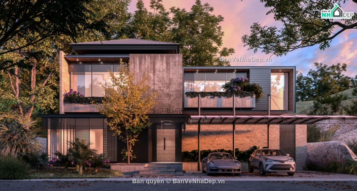 biệt thự hiện đại,biệt thự 2 tầng,mẫu biệt thự 2 tầng,file sketchup biệt thự 2 tầng,biệt thự 17x18m