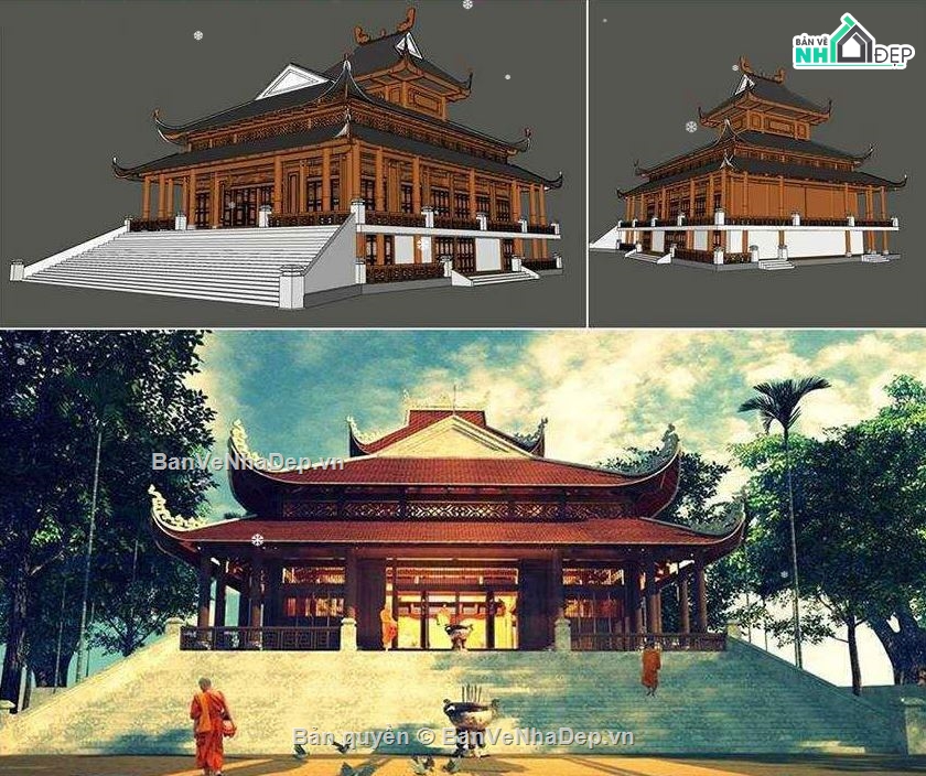 sketchup thiết kế chùa,mẫu dựng su chùa đẹp,file sketchup chùa,phối cảnh 3d chùa