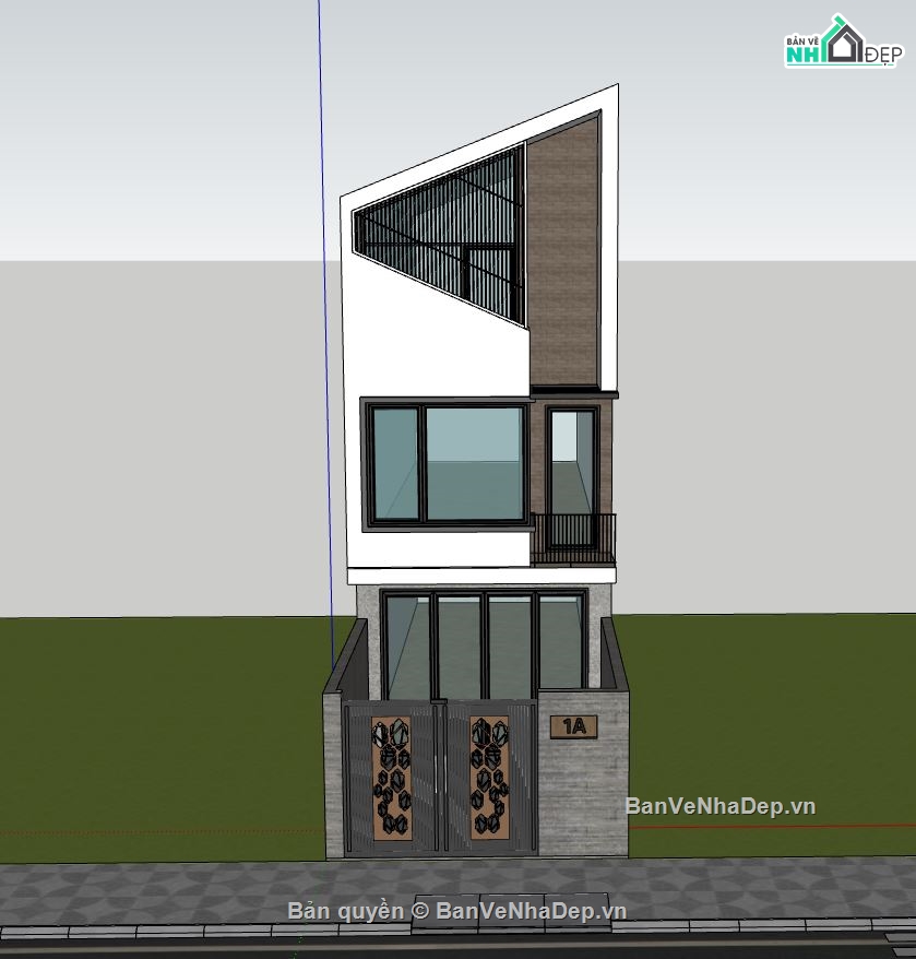 Sketchup nhà phố 3 tầng,nhà phố 5x14.2m,thiết kế nhà phố hiện đại