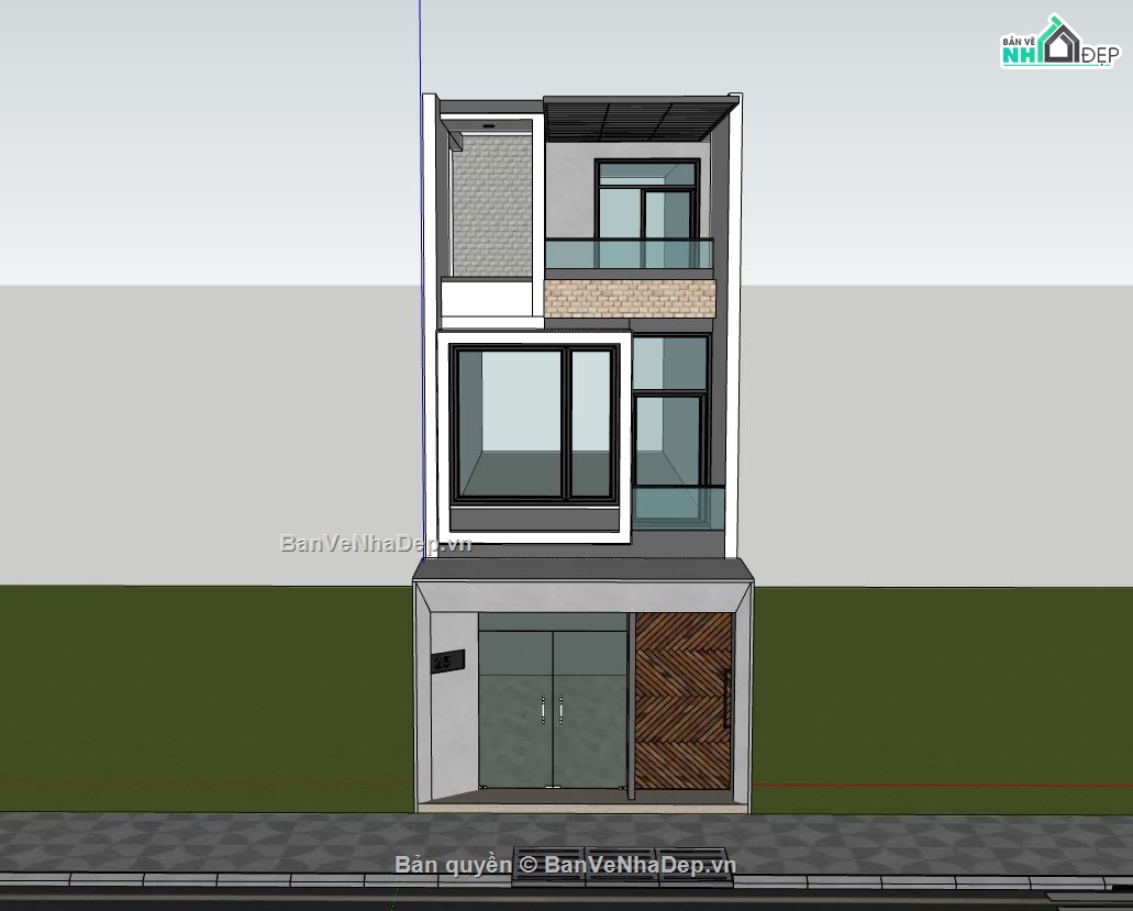 Sketchup nhà phố 3 tầng,nhà phố 5x16.8m,thiết kế nhà phố hiện đại