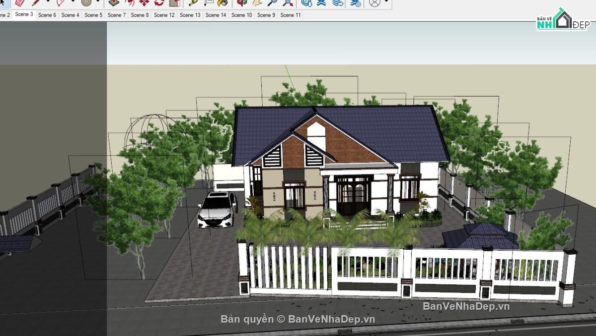 file su nhà 1 tầng,Nhà mái thái 1 tầng sketchup,su biệt thự 1 tầng mái nhật,bao cảnh biệt thự 1 tầng