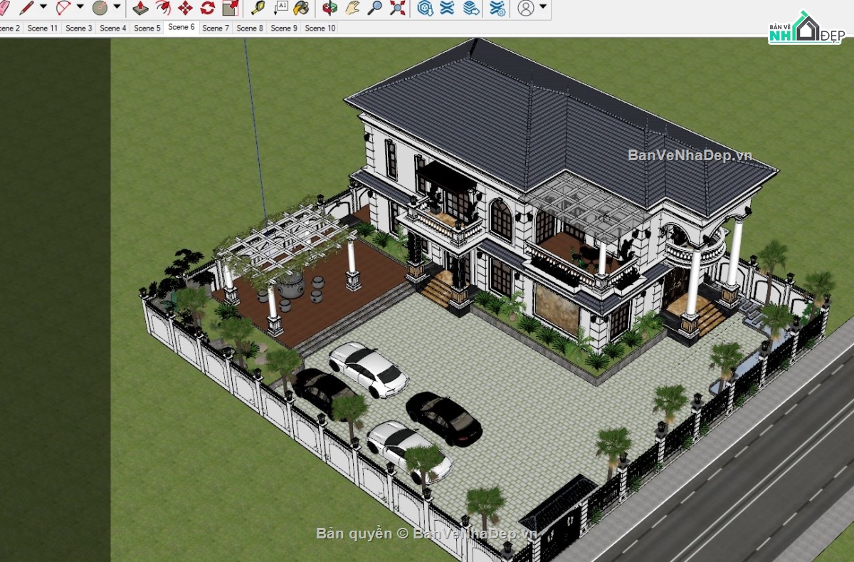 mẫu biệt thự 2 tầng sketchup,biệt thự 2 tầng mái nhật sketchup,Biệt thự  2 tầng