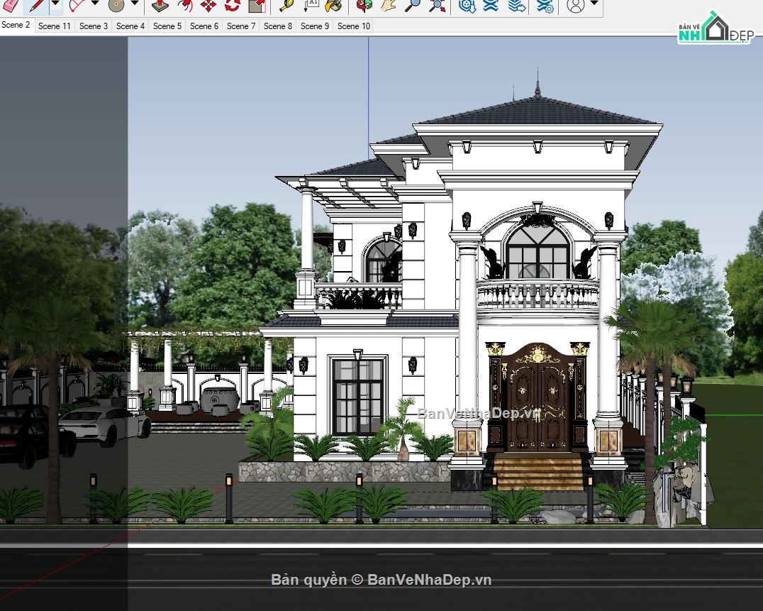 mẫu biệt thự 2 tầng sketchup,biệt thự 2 tầng mái nhật sketchup,Biệt thự  2 tầng