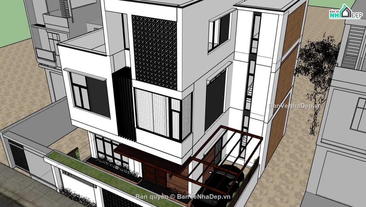 biệt thự 3 tầng,biệt thự sketchup,biệt thự hiện đại,phối cảnh biệt thự