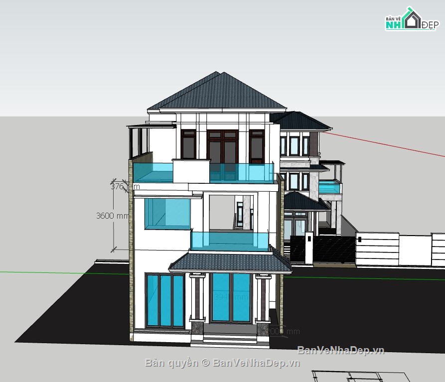 biệt thự 3 tầng,sketchup ngoại thất biệt thự,mẫu biệt thự hiện đại