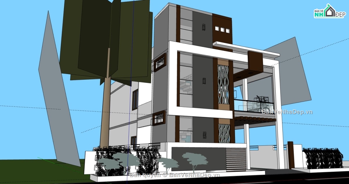 biệt thự 2 tầng,sketchup biệt thự 2 tầng,phối cảnh biệt thự 2 tầng,thiết kế biệt thự phố