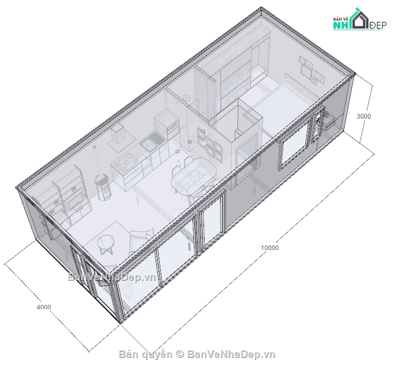 sketchup nhà ở,sketchup nội thất,nhà ở 4x10m,bản vẽ nhà phố 1 tầng