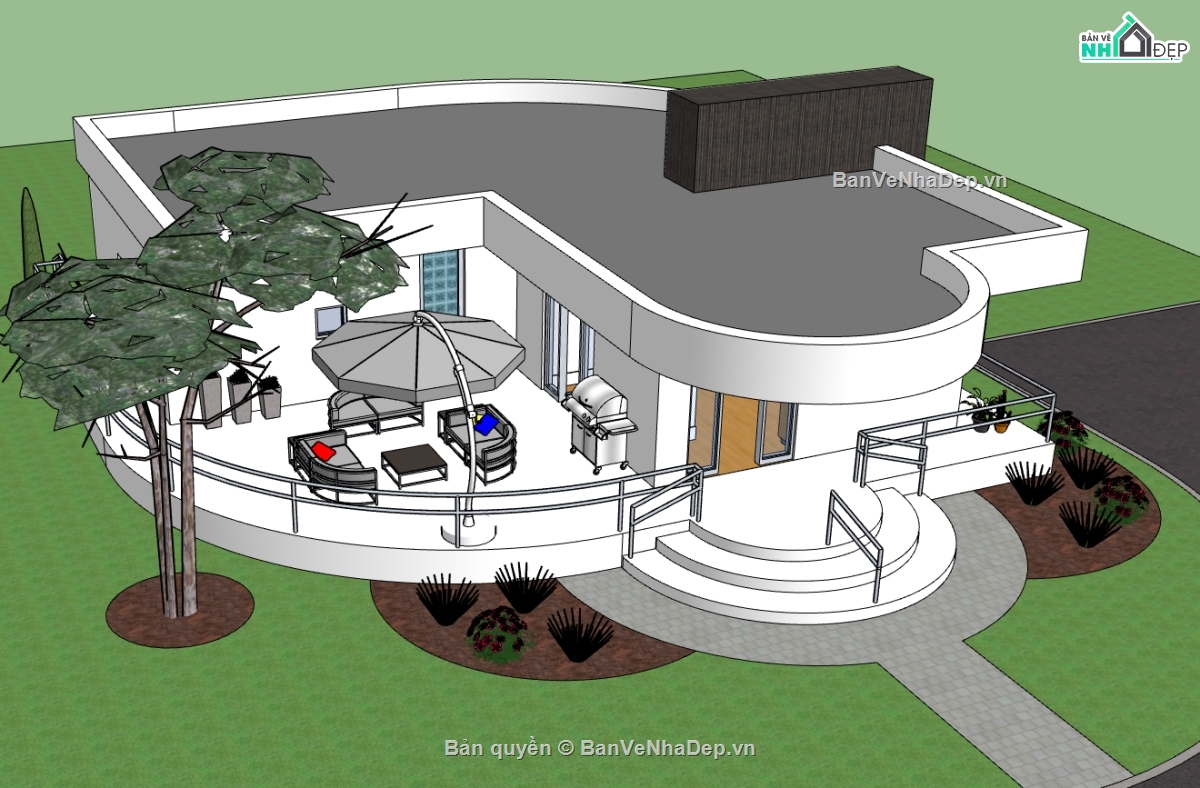 Model sketchup nhà hiện đại,file su nhà 1 tầng,model su nhà 1 tầng,model 3d nhà 1 tầng