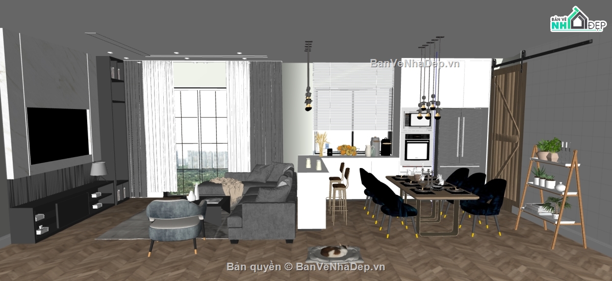 file sketchup phòng khách,phòng bếp model su,sketchup phòng khách hiện đại,model su nội thất khách bếp