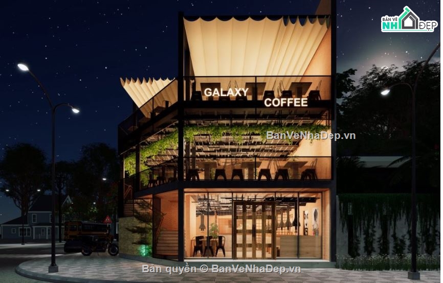 mẫu quán cafe đẹp,mẫu quán cafe,quán cafe sketchup,thiết kế quán cafe,quán cafe 10.5x20.3m