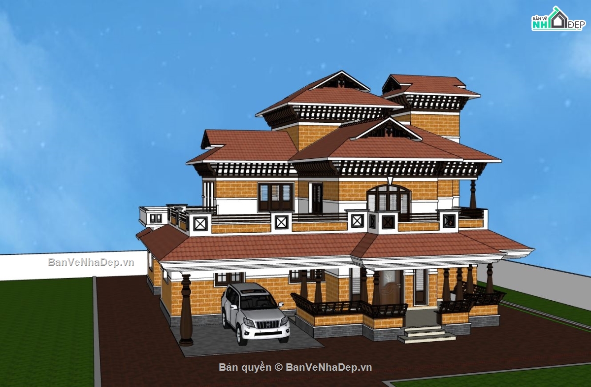 biệt thự 3 tầng,sketchup biệt thự 3 tầng,sketchup biệt thự,Model sketchup biệt thự