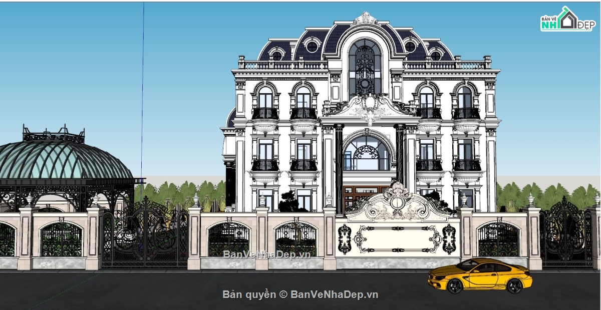 sketchup biệt thự 3 tầng tân cổ điển,biệt thự 3 tầng tân cổ điển,bao cảnh biệt thự 3 tầng 1 tum