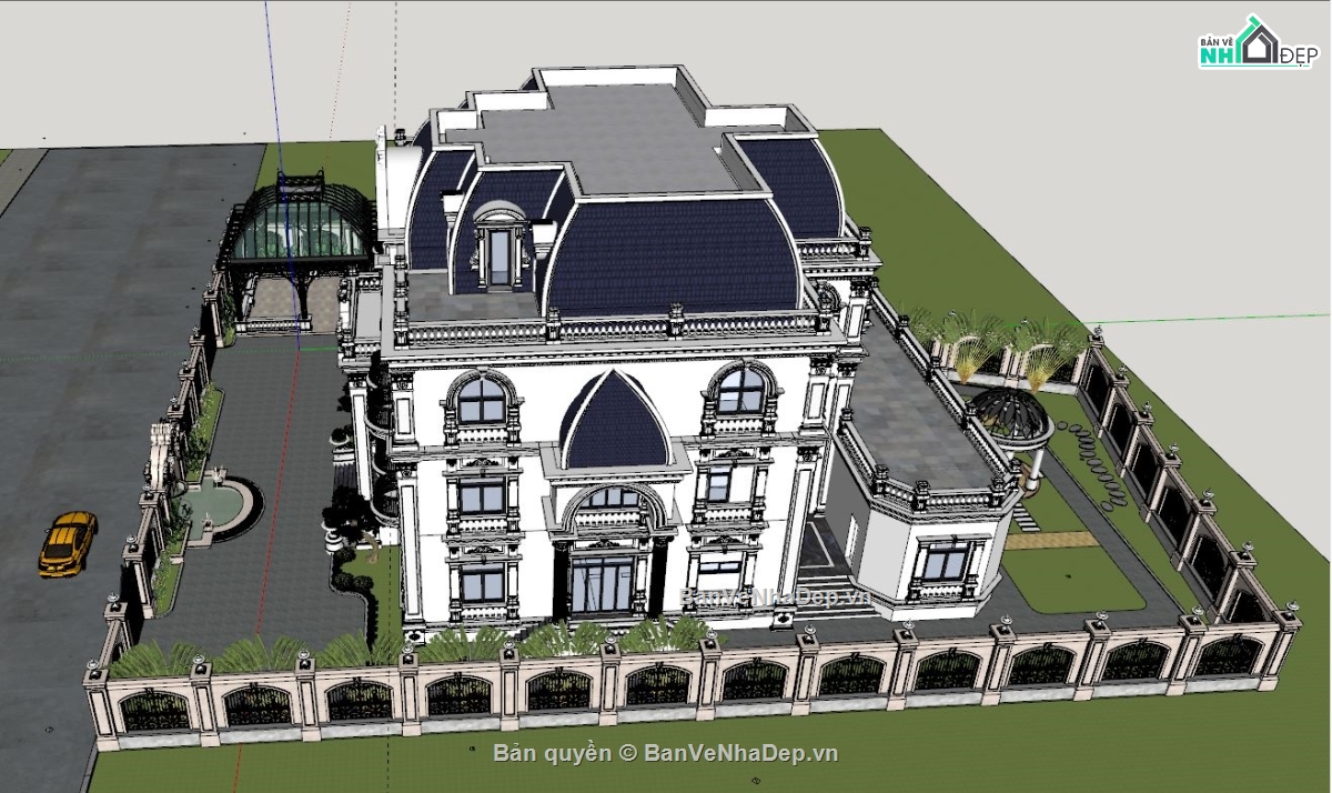 sketchup biệt thự 3 tầng tân cổ điển,biệt thự 3 tầng tân cổ điển,bao cảnh biệt thự 3 tầng 1 tum