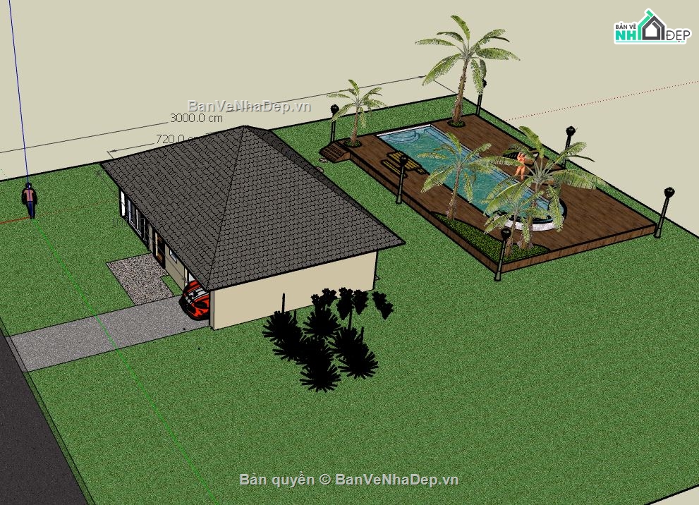 villa 1 tầng,phối cảnh villa 1 tầng,mẫu sketchup villa