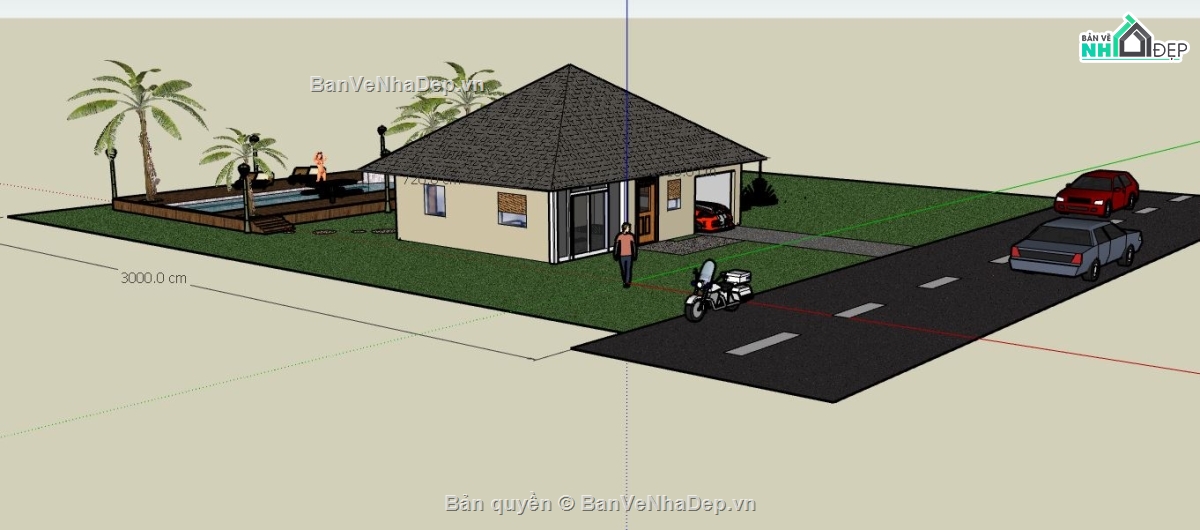 villa 1 tầng,phối cảnh villa 1 tầng,mẫu sketchup villa