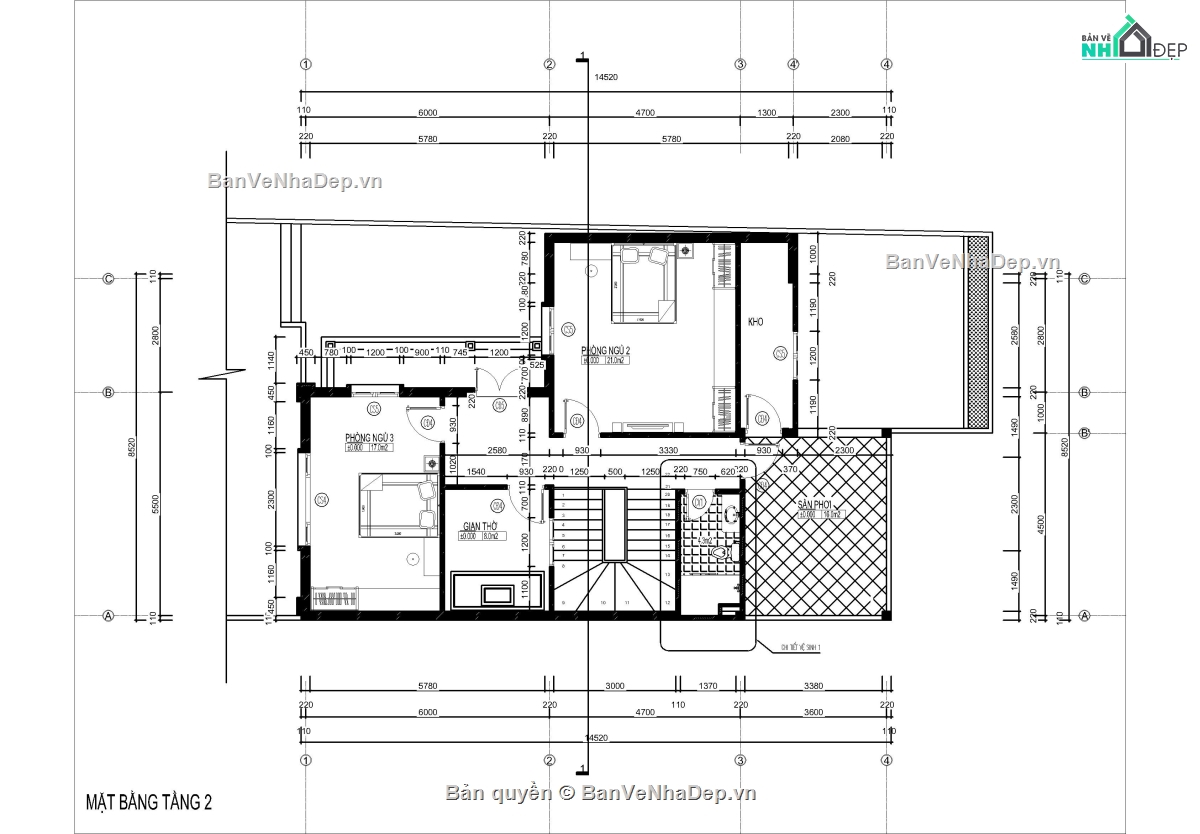 Bộ 8 file AutoCAD nhà Biệt Thự 2 tầng có đầy đủ Kiến Trúc, Kết Cấu, Điện Nước