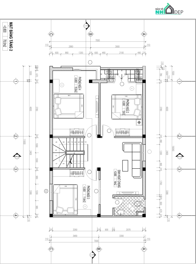 Model cad nhà phố 2 tầng kích thước 7x10m gồm: kiến trúc, kết cấu ...