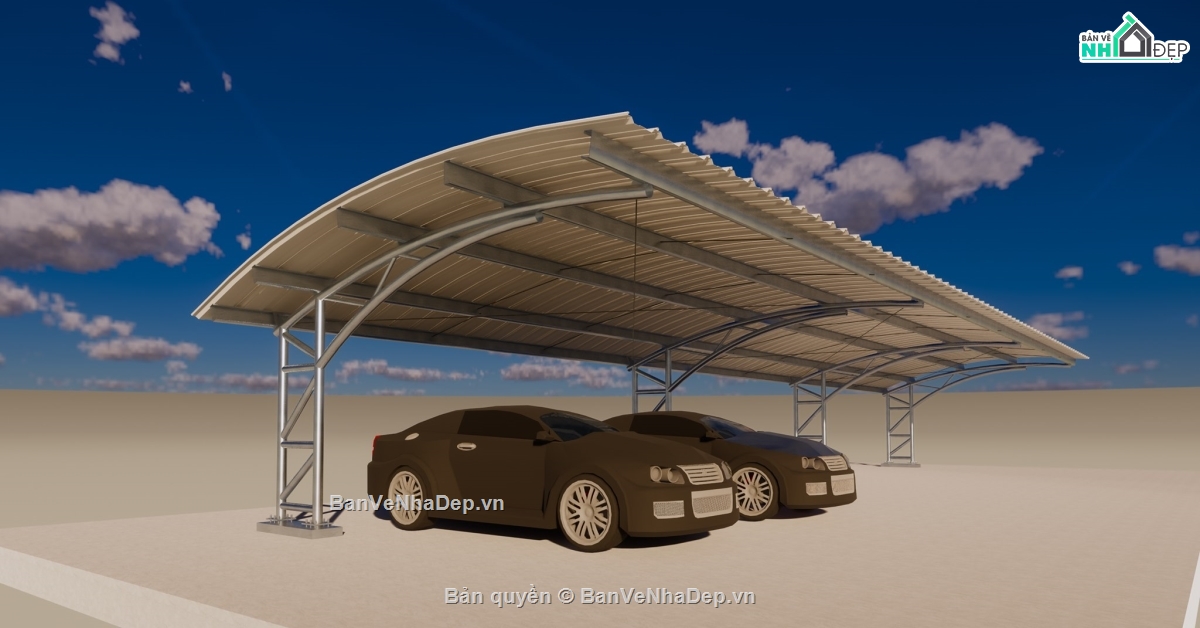 Trọn bộ 4 bản vẽ AutoCAD nhà để xe có mái che được bạn đọc tham khảo nhiều trên hệ thống