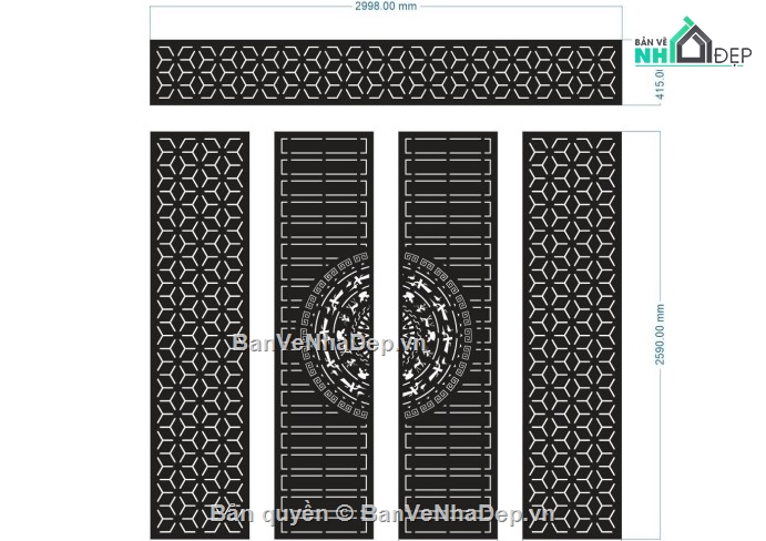cửa trống đồng,cổng 4 cánh trống đồng bông tuyết,cổng cnc