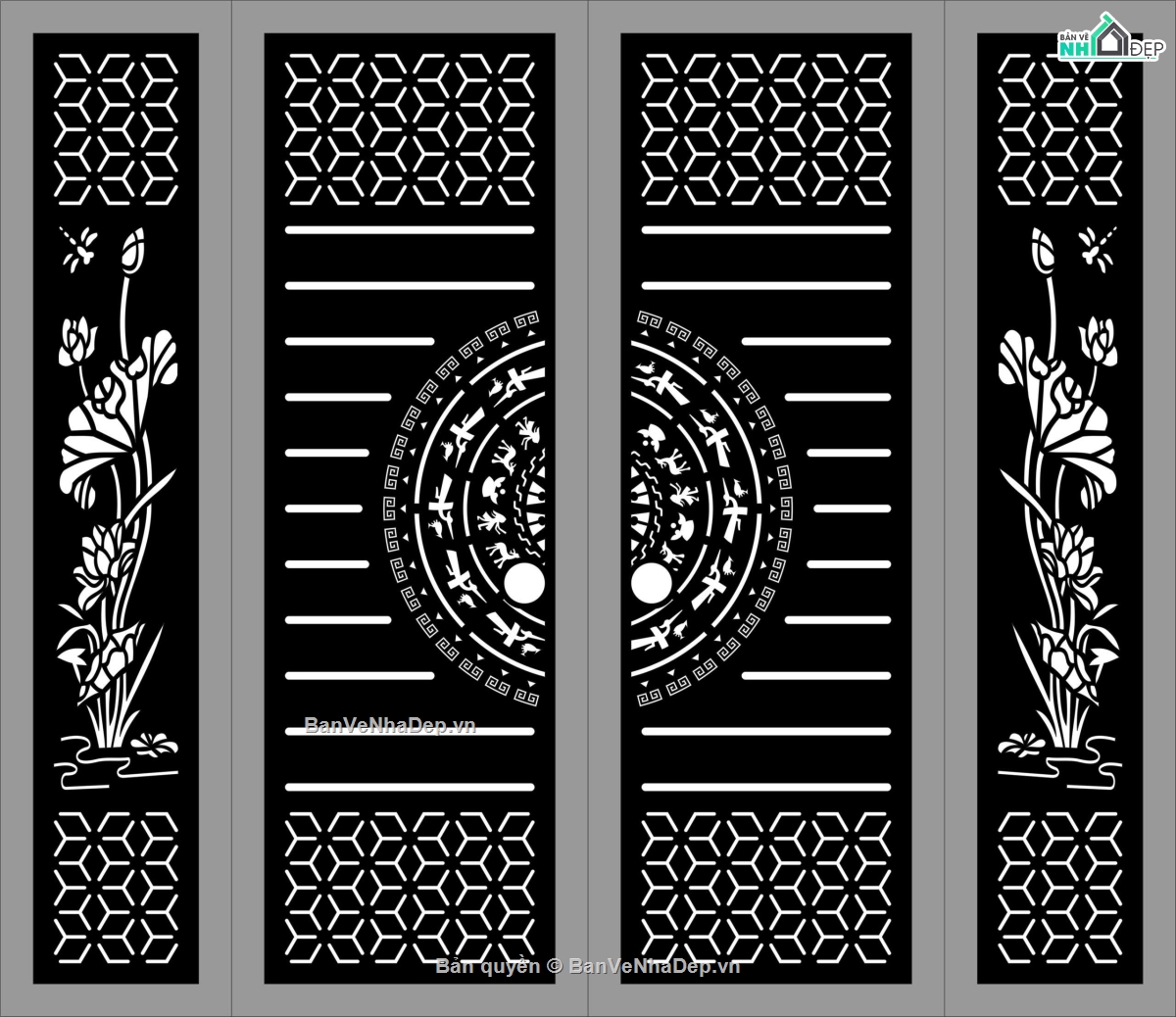 Cổng 4 cánh trống đồng sen,Cổng 4 cánh,cnc 4 cánh,cổng 4 cánh file dxf