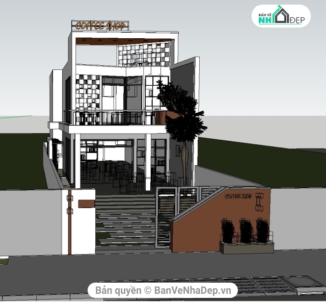 kiến trúc quán cà phê,sketchup,bản vẽ quán cà phê tuyệt đẹp,mẫu nhà phố hiện đại,Model quán cafe