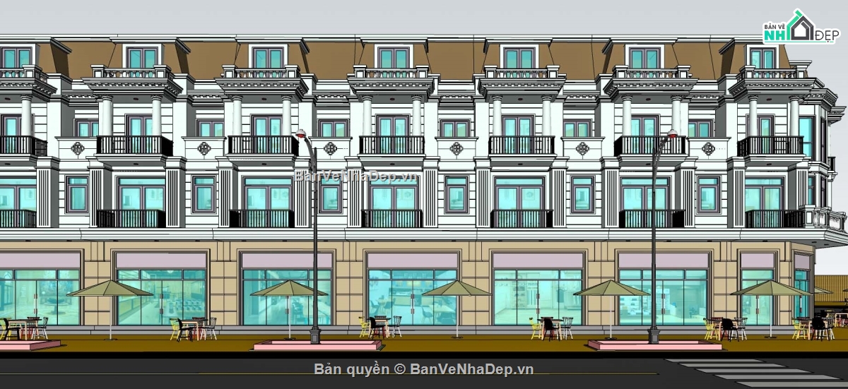 file sketchup,nhà liền kề,Model tân cổ điển,Model tân cổ điển sketchup,sketchup shophouse