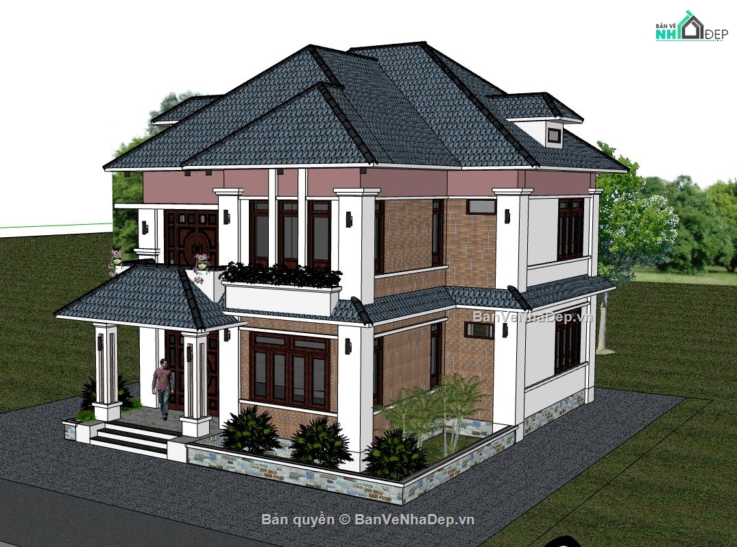 biệt thự 2 tầng,model biệt thự 2 tầng,sketchup biệt thự 2 tầng